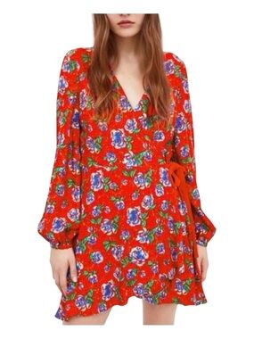 ZARA Trafaluc Collection Long Sleeve Wrap Romper in Red w/Flowers, Size S.